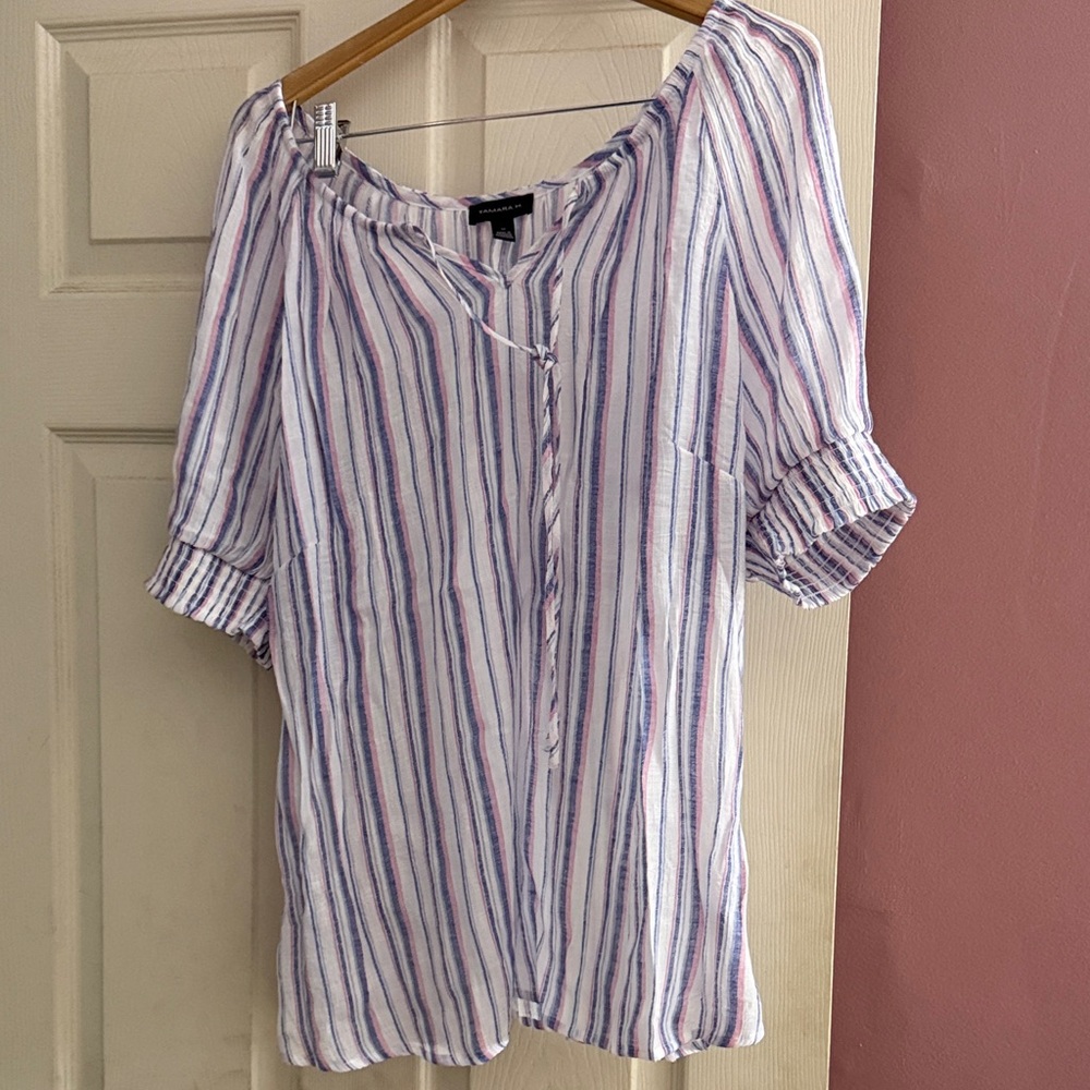Striped Peasant Blouse in White with Blue & Pink Stripes